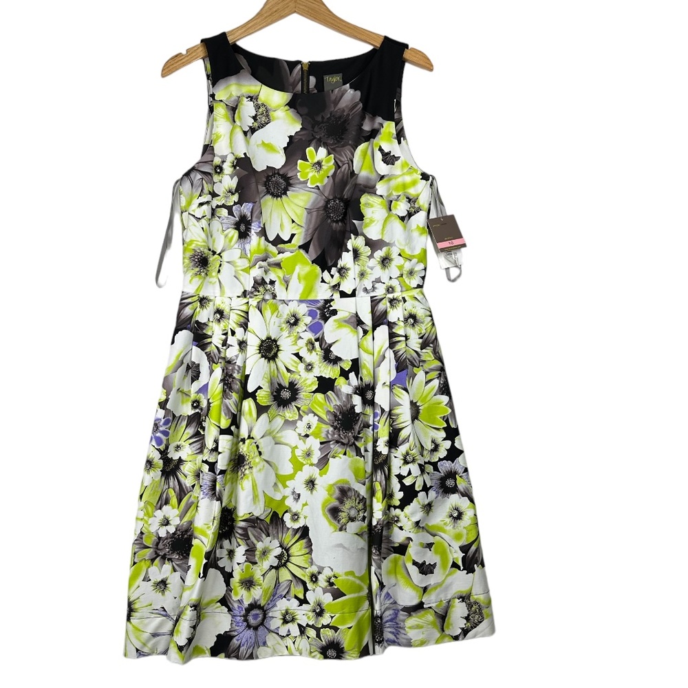 TAYLOR Just Taylor Green Gray Purple Floral Garden Party Tea Dress
